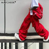 MAYCHEER กางเกงคาร์โก้สีแดงกางเกงเบาและระบายอากาศได้วินเทจอเมริกัน