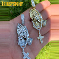 New Cubic Zirconia Iced Out Bling Praying Hands Cross Pendants Necklaces CZ Hand Of Prayer Charm For Men Women Hip Hop Jewelry