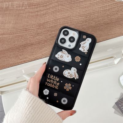 Cute Rabbit Cotton Down Jacket Phone Case For iPhone 14 13 12 11 Pro Max 14pro Cartoon Printed Back Cover Soft Silicone Funda