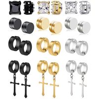 1/12 Pairs Non Piercing Fake Hoop Stud Earrings Stainless Steel Cross Pendant Clip Earring for Men Women Fashion Clip on Earring