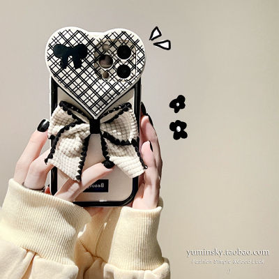 กระเป๋าผ้า Bowknot สำหรับ iPhone14promax Love Flip Mirror Phone Case สำหรับ iPhone13 เคสโทรศัพท์ Black &amp; White Gingham สำหรับ iPhone12 กรณีแต่งหน้าสำหรับ iPhone14plus