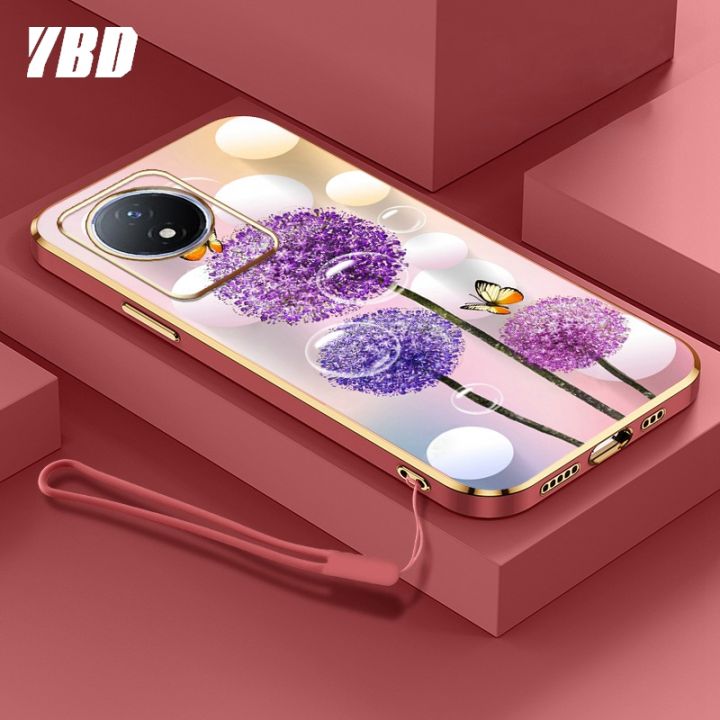 ybdเคสใหม่สำหรับ-vivo-y02-y02a-ชุบโครเมี่ยมสุดหรูนิ่มเคสโทรศัพท์แฟชั่นสีสันสดใสฟรีสายคล้องเคสแบบดอกไม้ผีเสื้อ