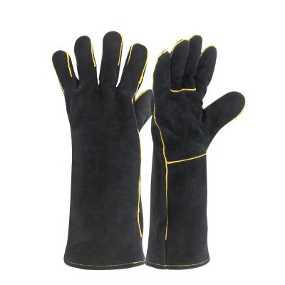 Black Welding Gloves Cow Leathe For Heat/Fire Resistant Oven/Grill/Fireplace Gloves/Oven/Stove/Pot Holder/Bite Resi