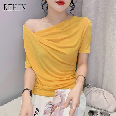 REHIN เสื้อยืดแขนสั้นมีจีบสำหรับผู้หญิง,เสื้อผู้หญิงแฟชั่นสุดชิค S-3XL แบบใหม่สำหรับฤดูร้อน
