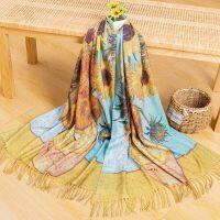 Luxury Cashmere Scarf Women Designer Sunflower Print Shawl Soft Blankets Tassels and Winter Warm Rabbit Fur Gloves Set For Girls