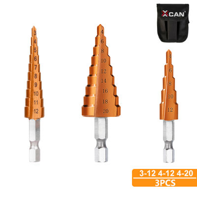 XCAN Step Cone Drill 3pcs Hex Shank 3-12 4-12 4-20mm Wood Metal Hole Cutter TiCN Coated HSS Core Drilling Tools
