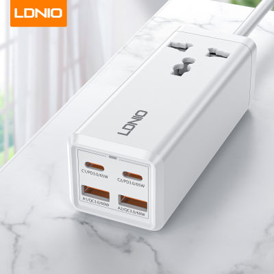 LDNIO 65W เครื่องชาร์จตั้งโต๊ะ2500W แถบพลังงาน2 USB-C และ2 USB-A ป้องกันไฟกระชากพร้อมเต้าเสียบไฟ USB รางไฟสากลยูเอสบีสำหรับท่องเที่ยว