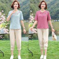 ♝ Mother summer wear cotton and linen suit middle-aged women cotton short sleeve T-shirt in the elderly female western style coat two-piece