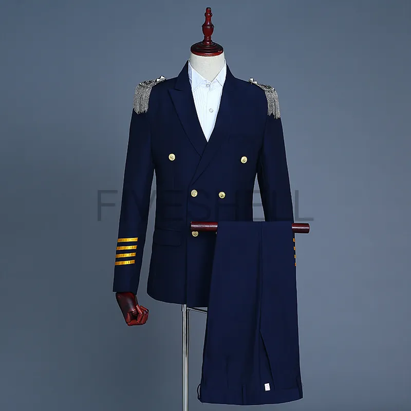 S-4XL Captain Officer Sailor Peacoat Costume Mens Blazer Suit
