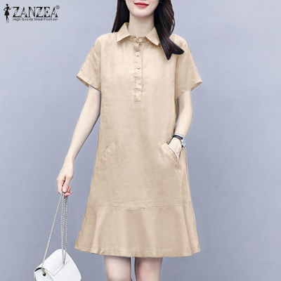 (จัดส่งฟรี)Fancystyle ZANZEA เสื้อสไตล์เกาหลีของผู้หญิงปกพับลงผ้าฝ้ายชุดเดรสฟูย้อนยุค #8