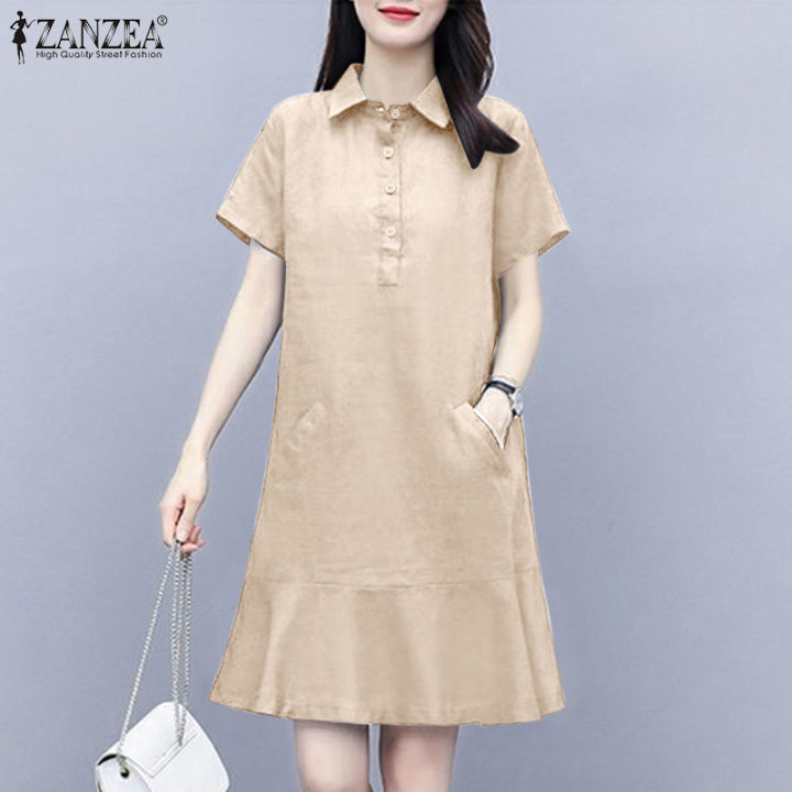 จัดส่งฟรี-fancystyle-zanzea-เสื้อสไตล์เกาหลีของผู้หญิงปกพับลงผ้าฝ้ายชุดเดรสฟูย้อนยุค-8