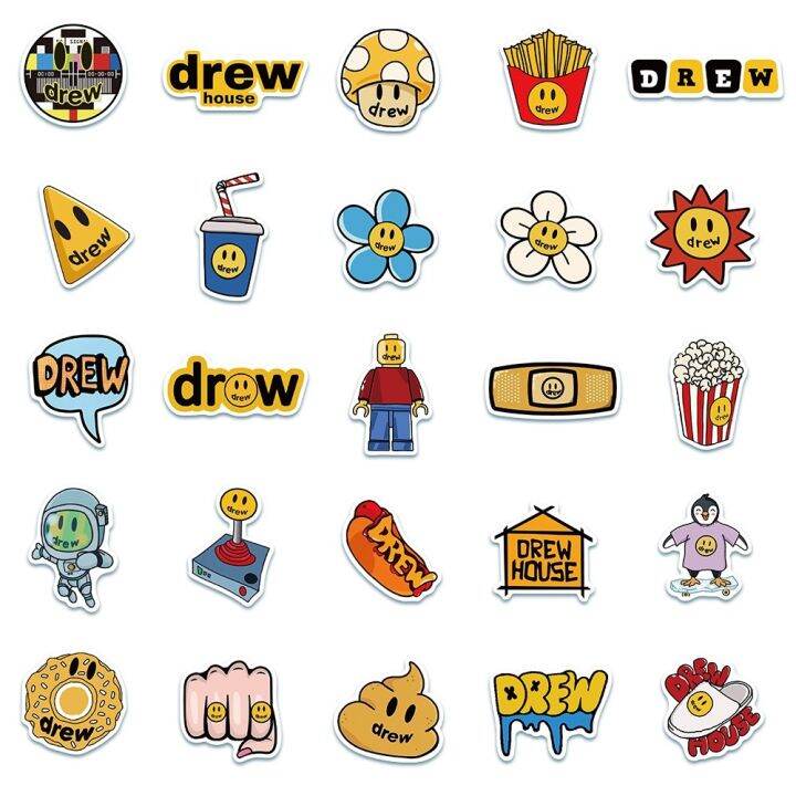 50pcs-famous-drew-fashion-justin-bieber-drew-waterproof-sticker-skateboarding-snowboard-retro-vinyl-sticker-graffiti-notebook-sticker