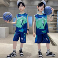 Summer New Boys Breathable Loose Sports Clothing Suits Kids Thin Mesh Absorb-Sweat Vest + Shorts Basketball Clothes Sets Children Quick Drying Printed Sleeveless Tops Jersey Suit For 1-10 Years