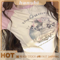 hanshi [2023 new HOT FASHION] lazlook เสื้อยืดคอกลมแขนสั้นพิมพ์ลายแมวการ์ตูนฤดูร้อน