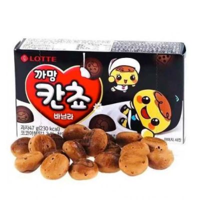 ขนมเกาหลี ขนมบิสกิต สอดไส้วานิลลา kancho black Biscuit 47g Lotte