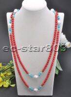 S2120 54" Round Red Coral Blue Turquoise White Keshi Pearl Necklace