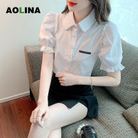 AOLINA เสื้อเชิ้ตแขนสั้นมีแขนสีทึบพองสำหรับผู้หญิง,ฉลากขนาดเล็กเข้ากับทุกชุดฤดูร้อน2023