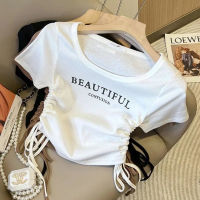 Korean Tshirt Women Short Sleeve Slim Tops 2023 Summer Fashion Casual Drawstring T Shirt Printed Tee