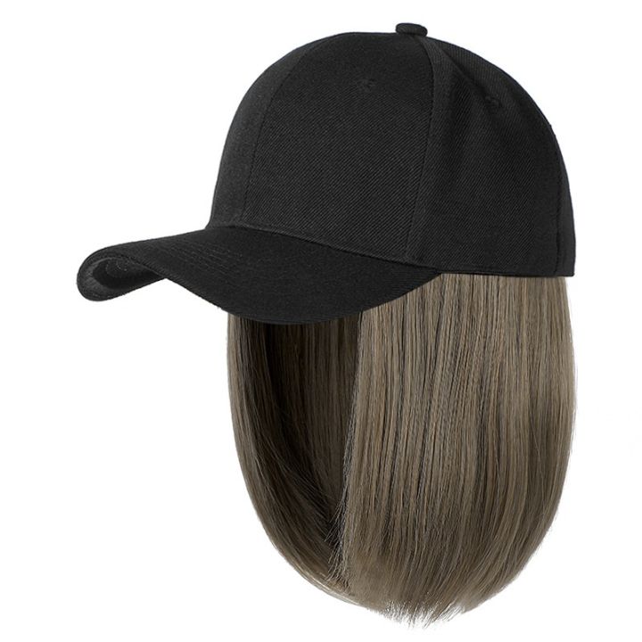shangzi-วิกผมเบสบอลหยักสั้นสังเคราะห์วิกผมบ๊อบธรรมชาติสีดำ-ขาวหมวกวิกผมหมวกที่มีผมธรรมชาติเชื่อมต่อหมวกเบสบอล