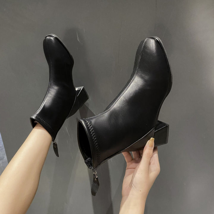 รองเท้าบูท-martin-มอเตอร์ไซค์ยืดได้สำหรับผู้หญิง-2022ฤดูใบไม้ร่วง-ฤดูหนาวส้นเท้าอ้วนส้นสี่เหลี่ยมติดซิปด้านหลังผู้หญิงแขนสั้น