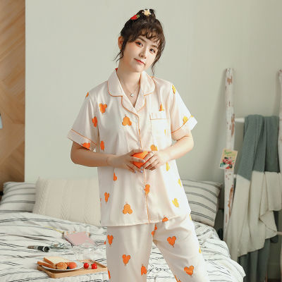 Summer New Heart Printing Silk Lapel Cute Girl Short-Sleeved Trousers Set Homewear Pajamas Sleepwear Nighdress
