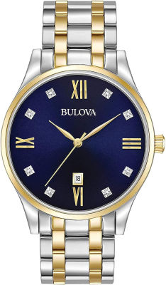 Bulova Mens Classic Stainless Steel Watch with Diamonds and Day Date Classic Sutton Quartz Two-Tone Stainless Steel Bracelet Diamond Two Tone Gold/ Blue Dial