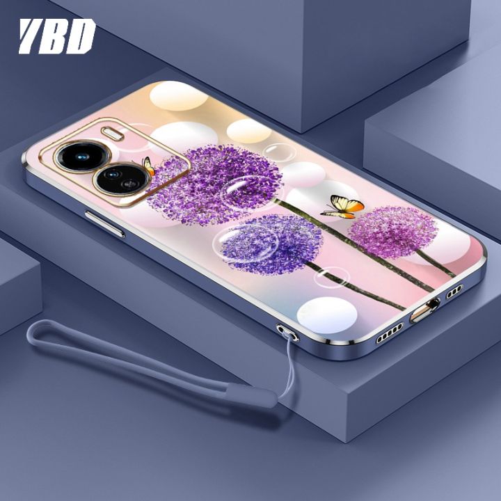 ybdเคสใหม่สำหรับ-vivo-iqoo-z7x-5g-iqoo-z7-y78-5g-y36-5g-เคสชุบโครเมี่ยมสุดหรูนิ่มเคสโทรศัพท์แฟชั่นสีสันสดใสฟรีสายคล้องเคสแบบดอกไม้ผีเสื้อ