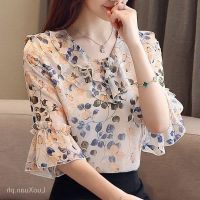 COD DSFERTRETRE Women short Sleeve Shirts Thin Casual Fashion Loose Shirt Floral Chiffon Shirt Large Size Trendy Top Fashionable Fashionable Elegant Small Shirt Oversized