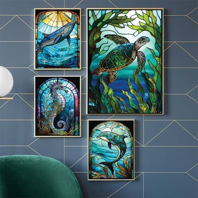 ตลกกระจกสีแบบศิลปะ Sealife พิมพ์โปสเตอร์ตกแต่งบ้าน-ซีฮอร์,M Anta เรย์,ฉลามวาฬ,ปลาโลมาผนังศิลปะผ้าใบจิตรกรรม