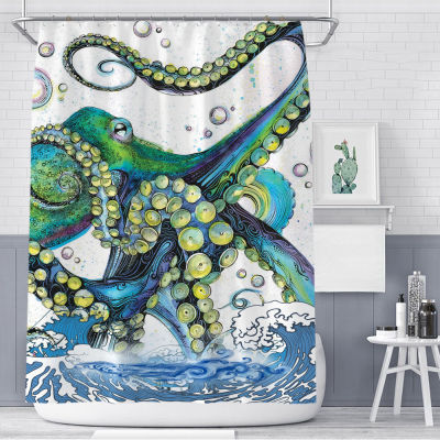 Japanese Shower Curtian 3d Octopus Surfing White Polyester Fabric Shower Curtains Hooks Curtain for Bathroom Accessories Cortina