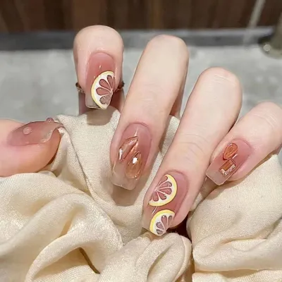 [COD] Three-dimensional diamond lemon wearing nail piece blush gradient manicure patch finished product mid-length light and thin soft fake