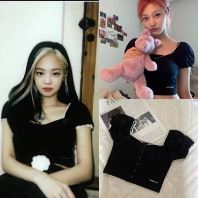 Blackpink jennie aespa NINGNING เสื้อครอป แขนสั้น ผ้าลูกไม้ สไตล์เรโทร สําหรับผู้หญิง 912