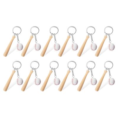 12 Pieces Mini Baseball Keychain with Wooden Bat for Sports Theme Party Team Souvenir