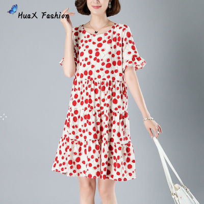 HuaX เสื้อผ้ากุลสตรีดอกไม้ Polka Dot ฤดูร้อนรอบคอหลวมชุดเดรสแขนสั้น