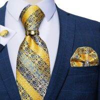 Yellow Blue Paisley Striped Men 39;s Ties With Gold Stainless Steel Dragon Ring Luxury Wedding Neck Tie Pocket Square Cufflinks