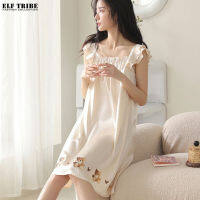 ELF TRIBE Cotton Nightdress Women Cute Bear Imitation Silk Pajamas Korean Style Home Wear dok