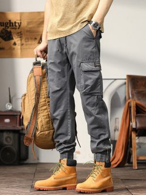 HOT11★กางเกงคาร์โก้ผู้ชายผ้าฝ้ายระบายอากาศได้, กางเกงขายาวเข้ารูป2023ใหม่ฤดูร้อนกางเกงลำลองสลิมมีกระเป๋าหลายกระเป๋ามีซิป
