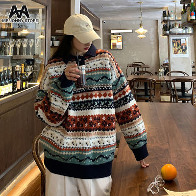 ⊙♗ hnf531 MJ Mens retro sweater New Mens Lapel Loose Pullover Long Sleeve Top Fashion retro printed pullover sweater