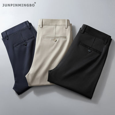 JUNPINMINGBO กางเกงสแล็ค Lyocell สุดเท่สำหรับผู้ชายกางเกงทรงตรงพอดีตัวสแล็คแบบบางสำหรับฤดูร้อน