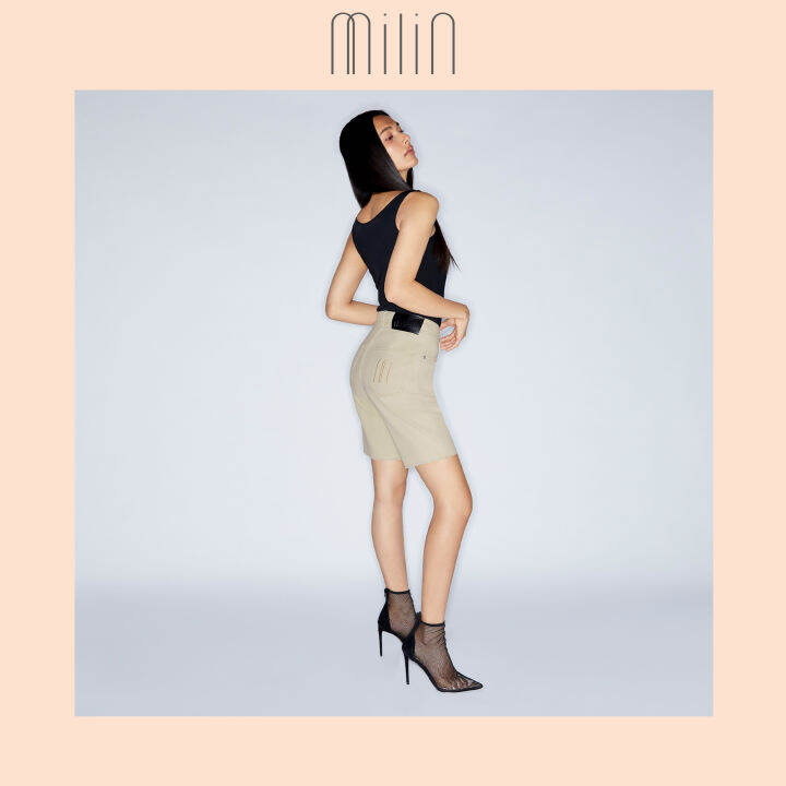 milin-high-rise-with-belt-hoops-denim-กางเกงยีนส์ขาสั้น-bermuda-slit-shorts-beige