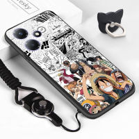 Case4you สำหรับ Infinix Hot 30 30i Hot 30 Play (แหวนใส่นิ้ว + เชือกเส้นเล็ก) เคสโทรศัพท์ดีไซน์ลายลูฟี่สไตล์สีดำและสีขาวเคสซิลิโคนกันกระแทกโทรศัพท์ป้องกัน TPU