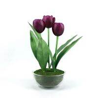 OrientalFineArt  ดอกทิวลิปสีม่วงพลัม พร้อมกระถางแก้ว กระถางดอกไม้ประดิษฐ์ Artificial tulip arrangement in glass