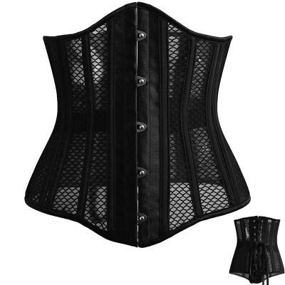 ตาข่ายระบายอากาศใต้หน้าอกที่รัดเอวคอร์เซ็ทกระดูกของผู้หญิงเสื้อผ้า Steampunk Gothic กระชับสัดส่วนเข็มขัดรัดเอวคอร์เซ็ตสีดำ