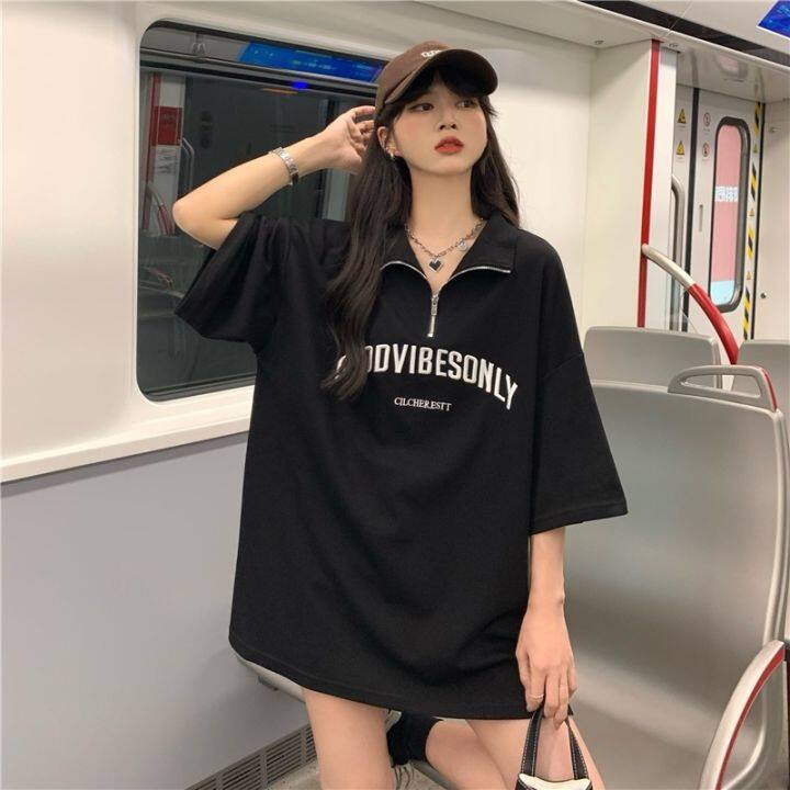 dahong-เสื้อยืดแฟชั่นไซส์ใหญ่-oversize-เสื้อสาวอวบ-แต่งซิปครึ่ง-2434