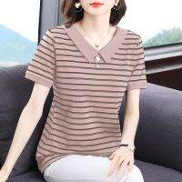 ♂卍 xing lu nan Striped Blouse Plus Size Womens Summer Korean Style Loose Lapel Short-sleeved T-shirt