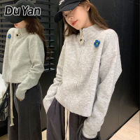 DU YAN เสื้อสเวตเตอร์2023ผู้หญิง,ใหม่เสื้อแจ็คเก็ตเสื้อกันหนาวลายดอกไม้คอเต่าครึ่งสีเทาเสื้อสเวตเตอร์เสื้อคาร์ดิแกนแบบถักสำหรับต้นฤดูใบไม้ผลิ