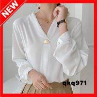 qkq971 2021 New Solid Color Blouse Is Thin V-Neck Long-Sleeved Shirt Loose Topเสื้อแขนยาวผญเสื้อแขนยาวเสื้อเสื้อเชิ้ตหญิงชุดเดรสแฟชั่น