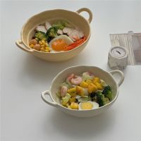 ﹍۞✼ Ins Korean Retro Ceramic Bowl Binaural Bowl Home Tableware Irregular Hand Pinched Salad Bowl Fruit Bowl Yogurt Bowl