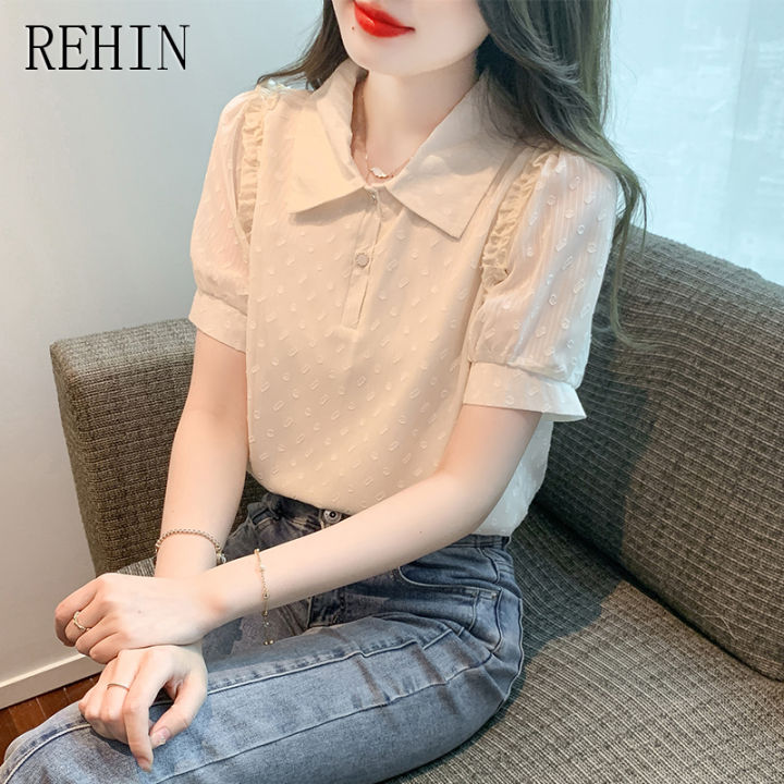 rehin-เสื้อเชิ๊ตผู้หญิง-เสื้อเชิ๊ตผู้หญิงผ้าชีฟองหวานๆแฟชั่นใหม่เสื้อเชิ๊ตลูกไม้ลดอายุเสื้อเสื้อผู้หญิงแขนสั้นฤดูร้อน