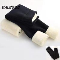 SALSPOR กางเกงฤดูหนาวอบอุ่นหนา2XL สำหรับผู้หญิงผ้าขนสัตว์ขนแกะเสื้อแคชเมียร์ S-2XL ยืดหยุ่นกางเกงกำมะหยี่